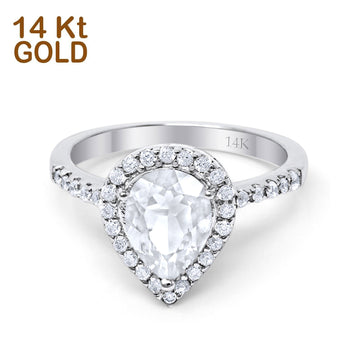 14K White Gold Halo Teardrop Bridal Filigree Ring Simulated Cubic Zirconia